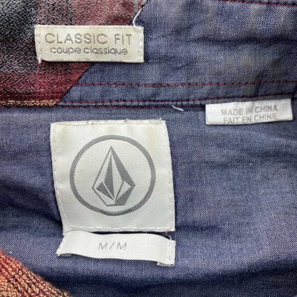 VOLCOM Shirt Men Medium M Red Brown Plaid Button Up Polo Shirt Long Sleeve Polo - Picture 6 of 11
